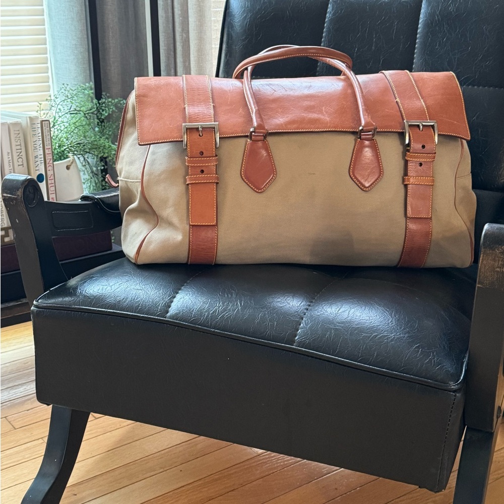 Prada Beige Canvas and Cognac Leather Travel Duffle weekender